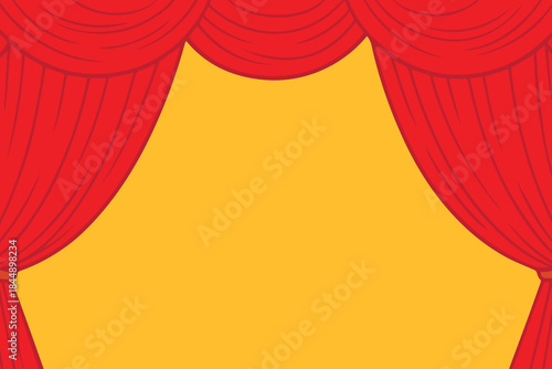 Vector illustration of an empty stage background in bright yellow, framed by elegant red curtains, minimal clean design, theatrical atmosphere, flat style, perfect for posters and flyer art.