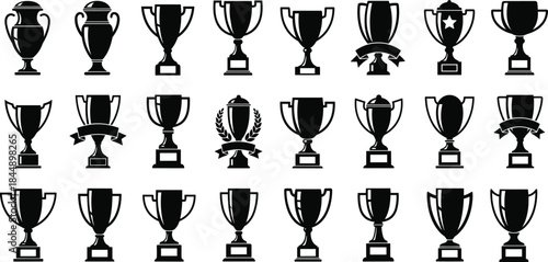 Trophy icons, award symbols, black and white, vector set, achievement graphics, sports prizes, competition badges, minimal design, silhouette trophies, recognition elements