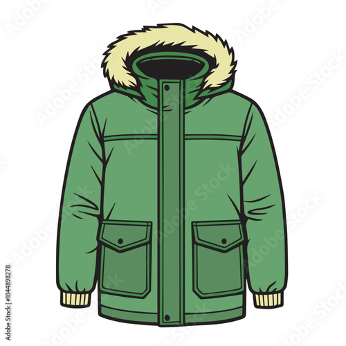 A green parka jacket vector illustration featuring detailed stitching, multiple pockets, and a fur lined hood, perfect for winter fashion designs, clothing catalogs, and outdoor apparel.