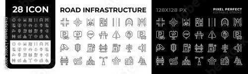 Road infrastructure pixel perfect black and white line icons set. Traffic organization system. Transportation development. Outline iconset. Isolated monochrome illustrations. Editable stroke