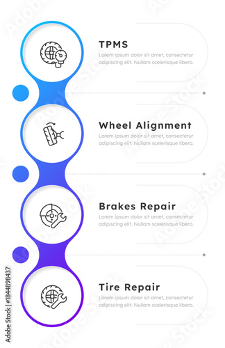 Automotive services infographic 4 steps. Vehicle safety, tire pressure. Braking system. Wheel alignment. Transport maintenance. Editable thin line icons diagram process. Lexend fonts used