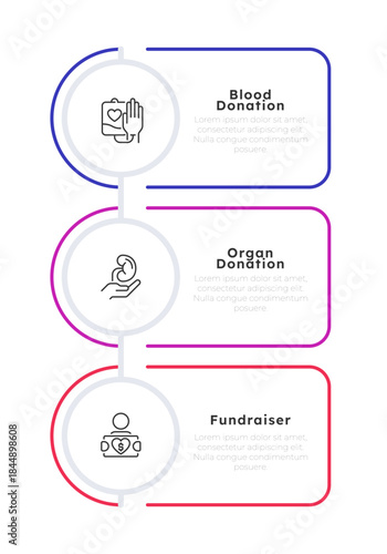 Life-saving donations infographic 3 steps. Disease treatment, medical support. Organ donation, fund raising. Editable thin line icons diagram process. Lexend, Montserrat fonts used