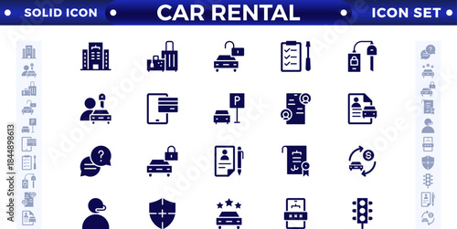 Car and rent simple, minimal, solid icons. Related car rent, repair, transport, and travel. Car dealer, vehicle, and automobile industry related solid icons set