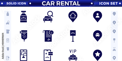Car and rent simple, minimal, solid icons. Related car rent, repair, transport, and travel. Car dealer, vehicle, and automobile industry related solid icons set