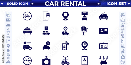 Car and rent simple, minimal, solid icons. Related car rent, repair, transport, and travel. Car dealer, vehicle, and automobile industry related solid icons set
