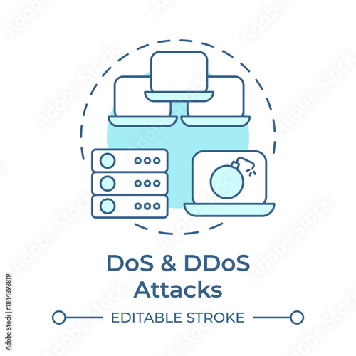 DoS and ddos attacks soft blue concept icon. Network vulnerability, database management. Round shape line illustration. Abstract idea. Graphic design. Easy to use in brochure, booklet
