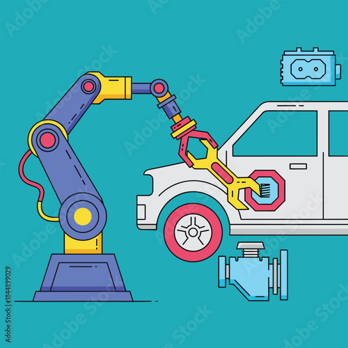 Automated Car Repair - Robotic Arm Fixing Vehicle in Modern Illustration.