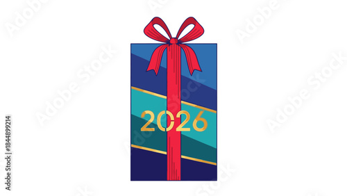 Graphic illustration of a gift box with a red bow and '2026' on it, symbolizing Happy New Year 2026, with a colorful and celebratory mood against a plain white background.