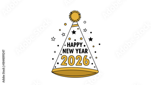 Illustration of a Happy New Year 2026 party hat with stars and a sun on a white background