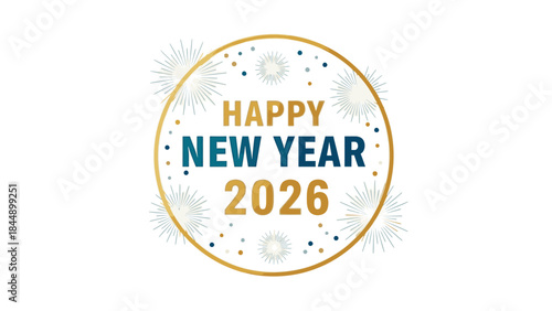 Graphic design celebrating Happy New Year 2026 with colorful typography and festive elements on a white background.
