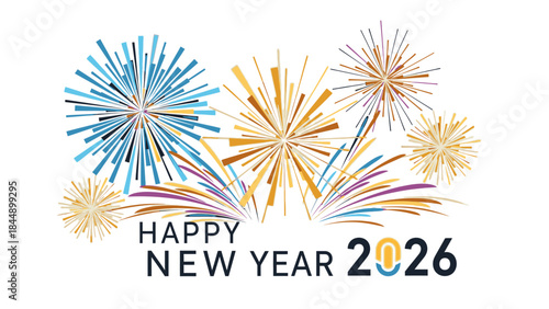 Colorful fireworks exploding behind a Happy New Year 2026 greeting with vibrant lines and shapes in a celebratory composition.