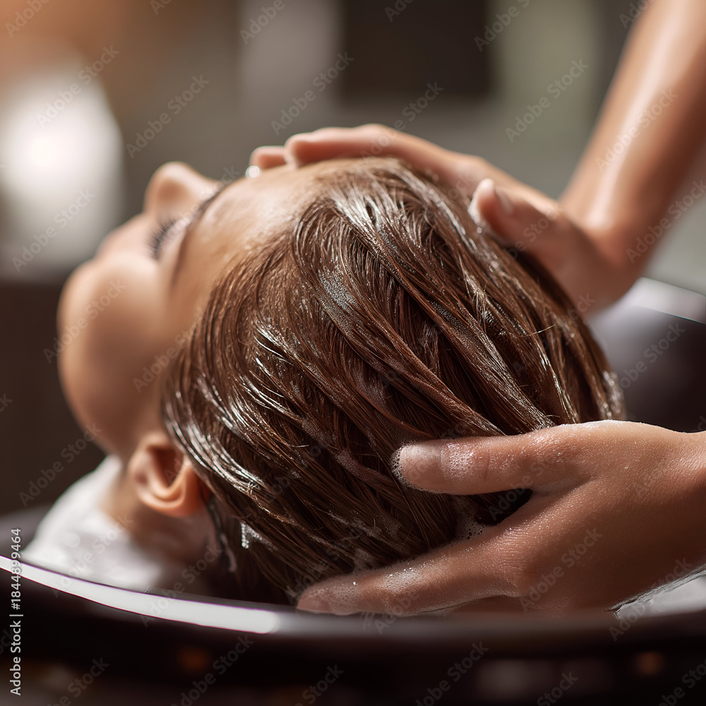 Naklejka premium A serene scene of a person receiving a relaxing hair treatment at a salon, showcasing tranquility and self-care.