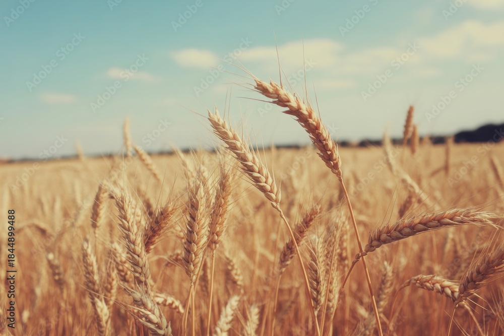 Fototapeta premium Golden wheat field under a blue sky