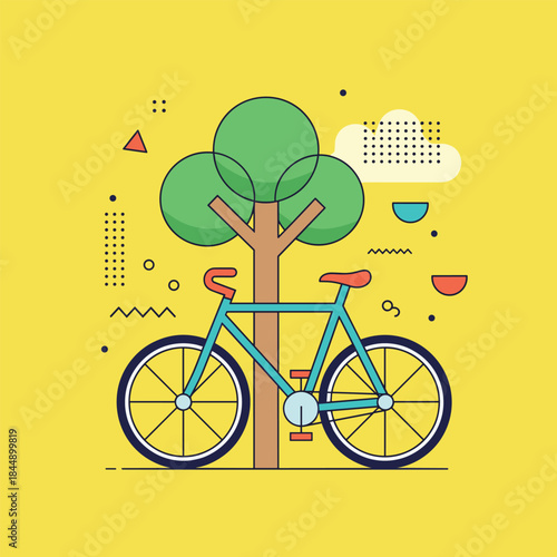 Stylized Bicycle Leaning Against a Tree Illustration.