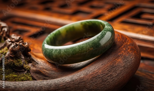 A green and white bracelet is on a wooden surface