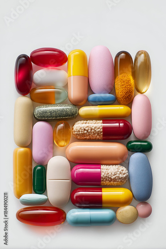 A vibrant array of various capsules and pills arranged in an artistic display, showcasing their shapes and colors.