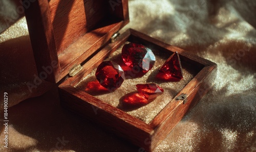 A wooden box with four red gems inside