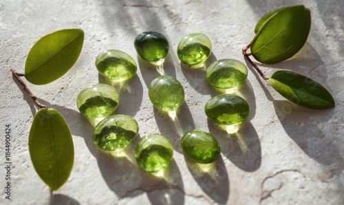 A bunch of green gemstones are on a white surface