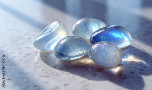 A group of blue stones are sitting on a white surface
