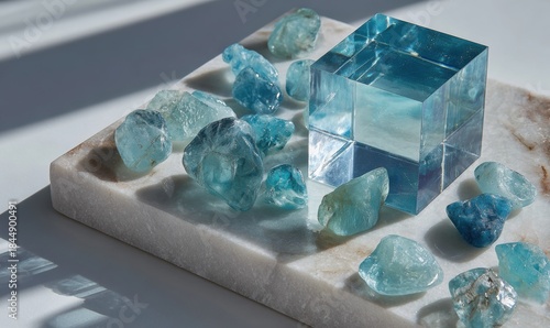A white marble slab with a blue crystal on top