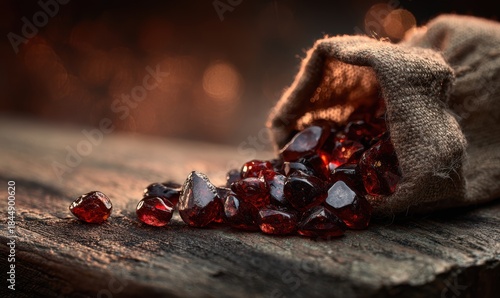 A bag of red gemstones is on a wooden table