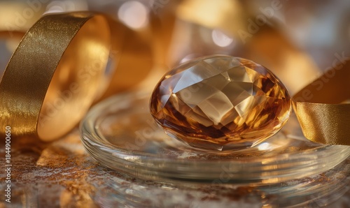 A gold colored gemstone is sitting on a glass surface
