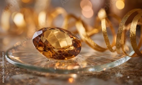A gold colored gemstone is on a glass plate