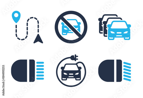 Navigation and Electric Car icon set. Solid glyph series icons