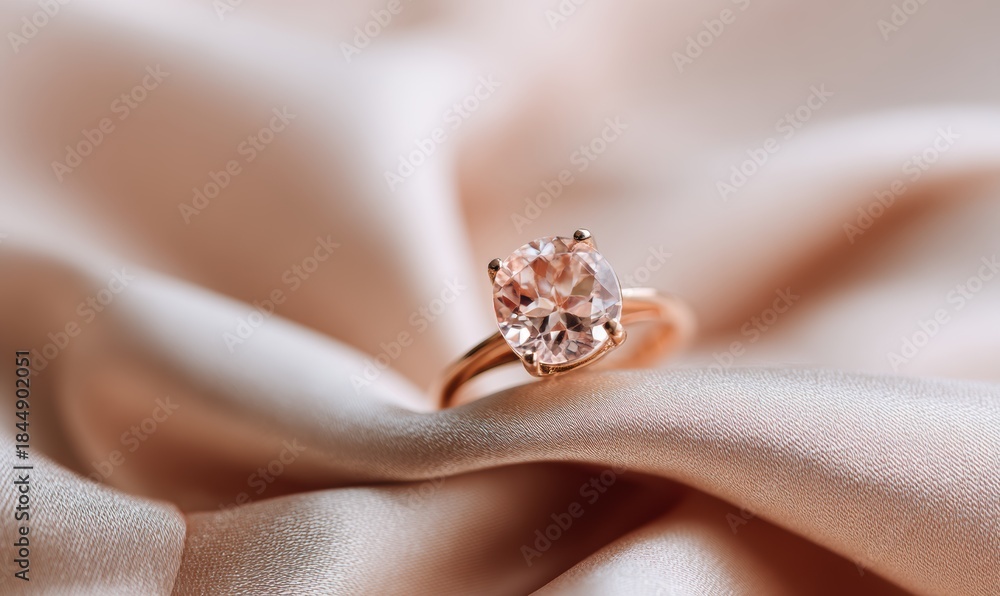 Obraz premium A gold and pink diamond ring is on a pink cloth