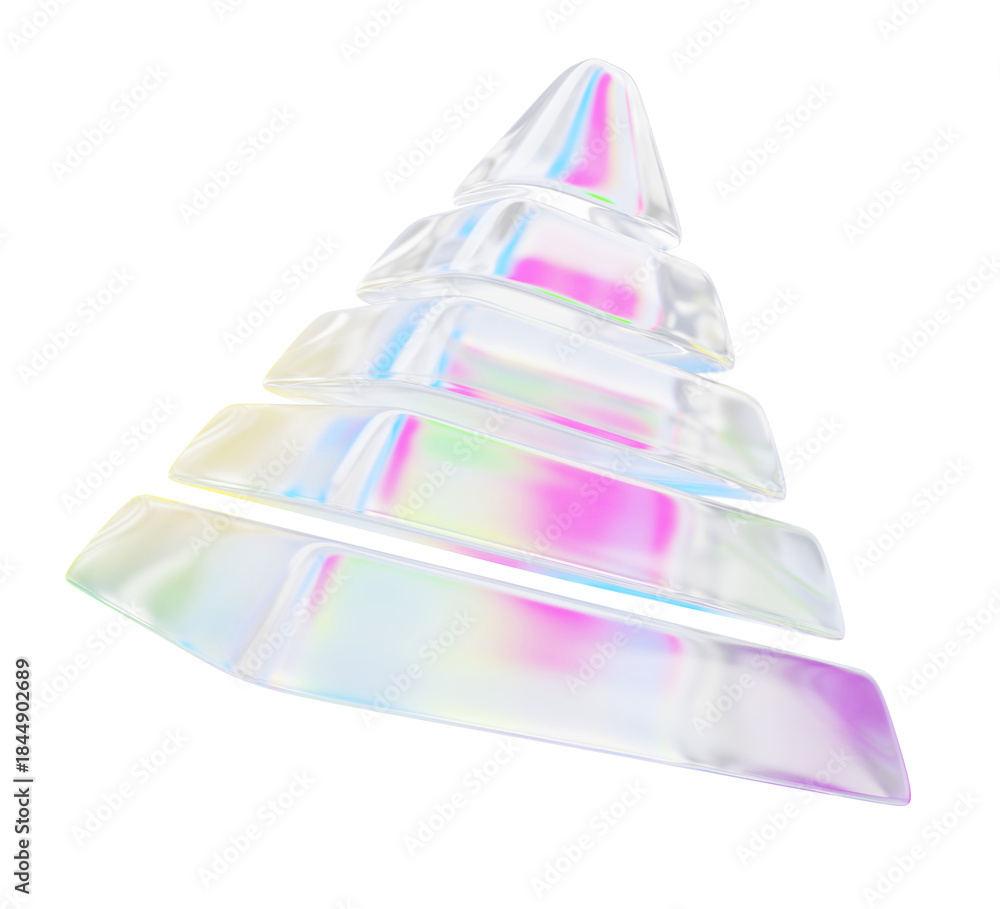 Naklejka premium Holographic iridescent glass pyramid in pearl color. Financial or investment 3d icon, business concept. Crystal geometric triangle shape of five blocks with rainbow gradient effect