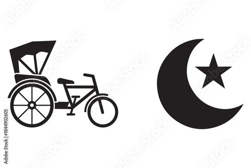 Silhouette of a traditional cycle rickshaw and a crescent moon with a star isolated on white background