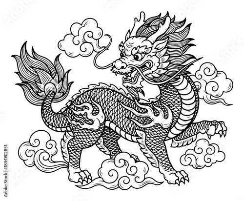 Majestic chinese dragon flying among clouds vector illustration in tattoo style