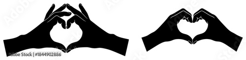 Two silhouette hands making heart shape gestures on white