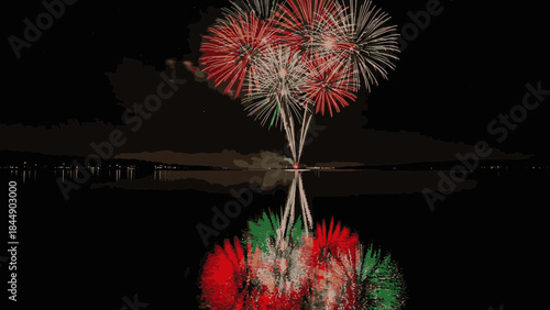 Vibrant red, white, and green fireworks explode in the dark night sky, beautifully reflected on the calm water below.
