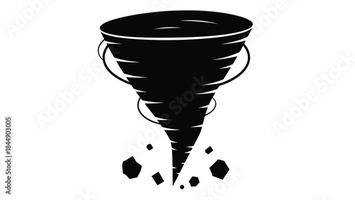 A black and white illustration depicting a swirling tornado with debris