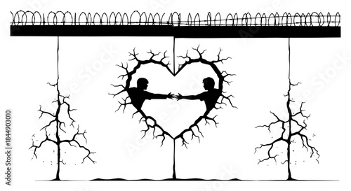 Heart shaped hole in a wall with barbed wire and reaching silhouettes