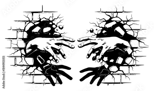 Powerful hands breaking through a brick wall with flying debris