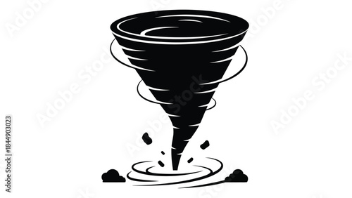 A dramatic black and white illustration of a swirling tornado formation