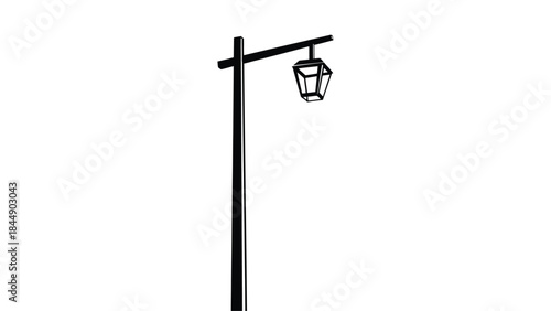 A simple black street lamp post with a hanging lantern on white background
