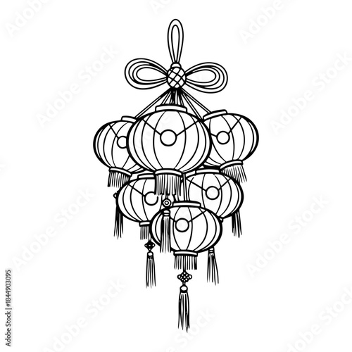 Bunch of traditional chinese hanging paper lanterns with decorative tassels