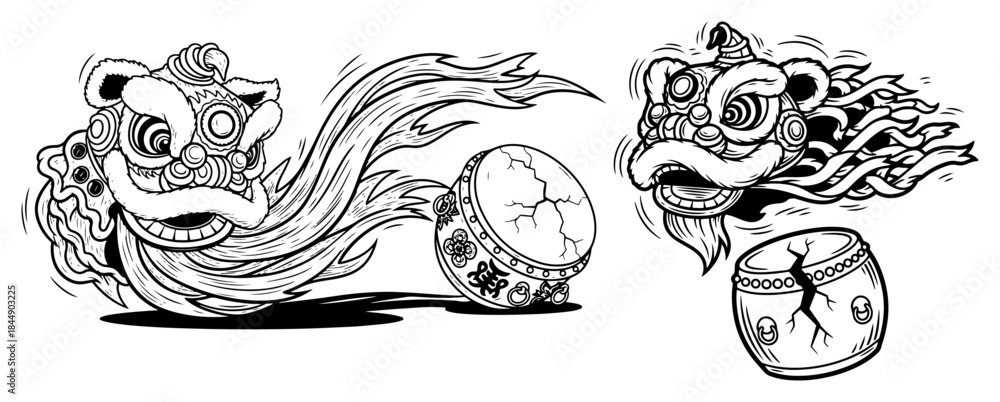 Obraz premium Traditional chinese lion dance heads and drums vector illustration