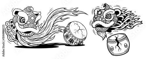 Traditional chinese lion dance heads and drums vector illustration