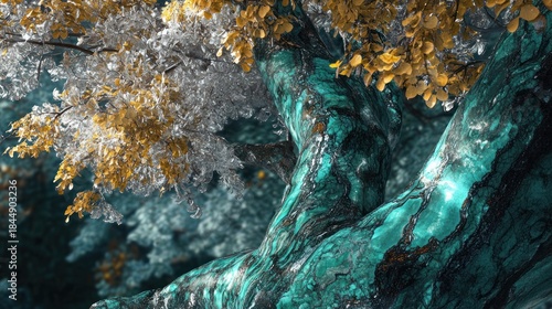 Trees whose bark has the texture of polished malachite, with silver new leaves, fantasy spring