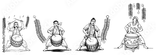 Male drummers playing traditional asian drums with firecrackers