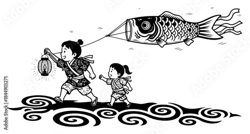 Happy children running with lantern and koi fish kite