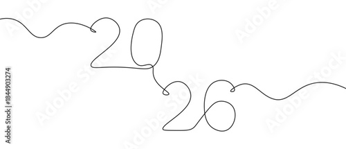 Doodle line continuous line 2026 new year card poster illustration vector