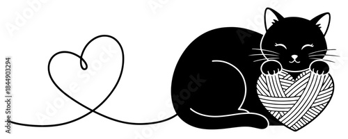 Cute black cat hugging a ball of yarn with a string forming a heart shape