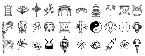 Large collection of linear icons representing traditional chinese culture and new year celebration symbols