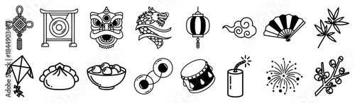 Set of outline icons featuring chinese new year food and festival decorations including dragon and lion