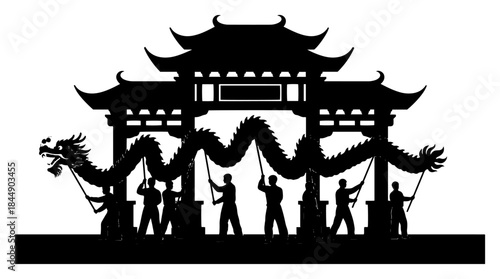 Silhouette illustration of people performing a traditional dragon dance in front of an asian gate